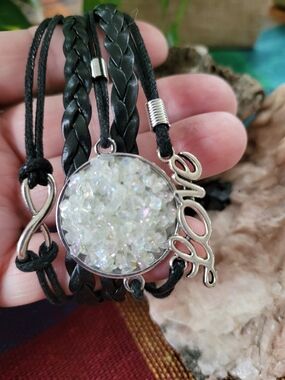 Love Accent Black Multi-Strand Leather Bracelet with Iridescent Druzy